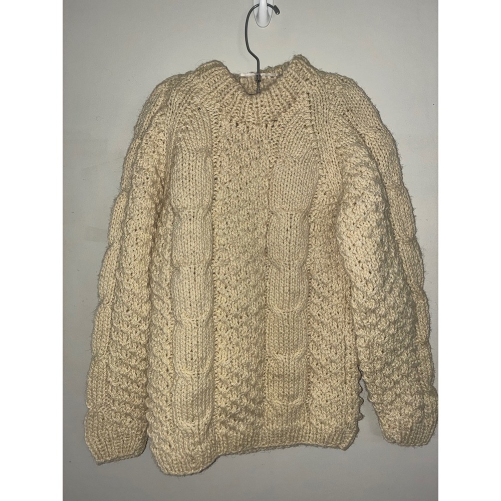 Handmade Cable Knit Sweater Kids Size M Cream Chunky Fisherman Aran Pullover